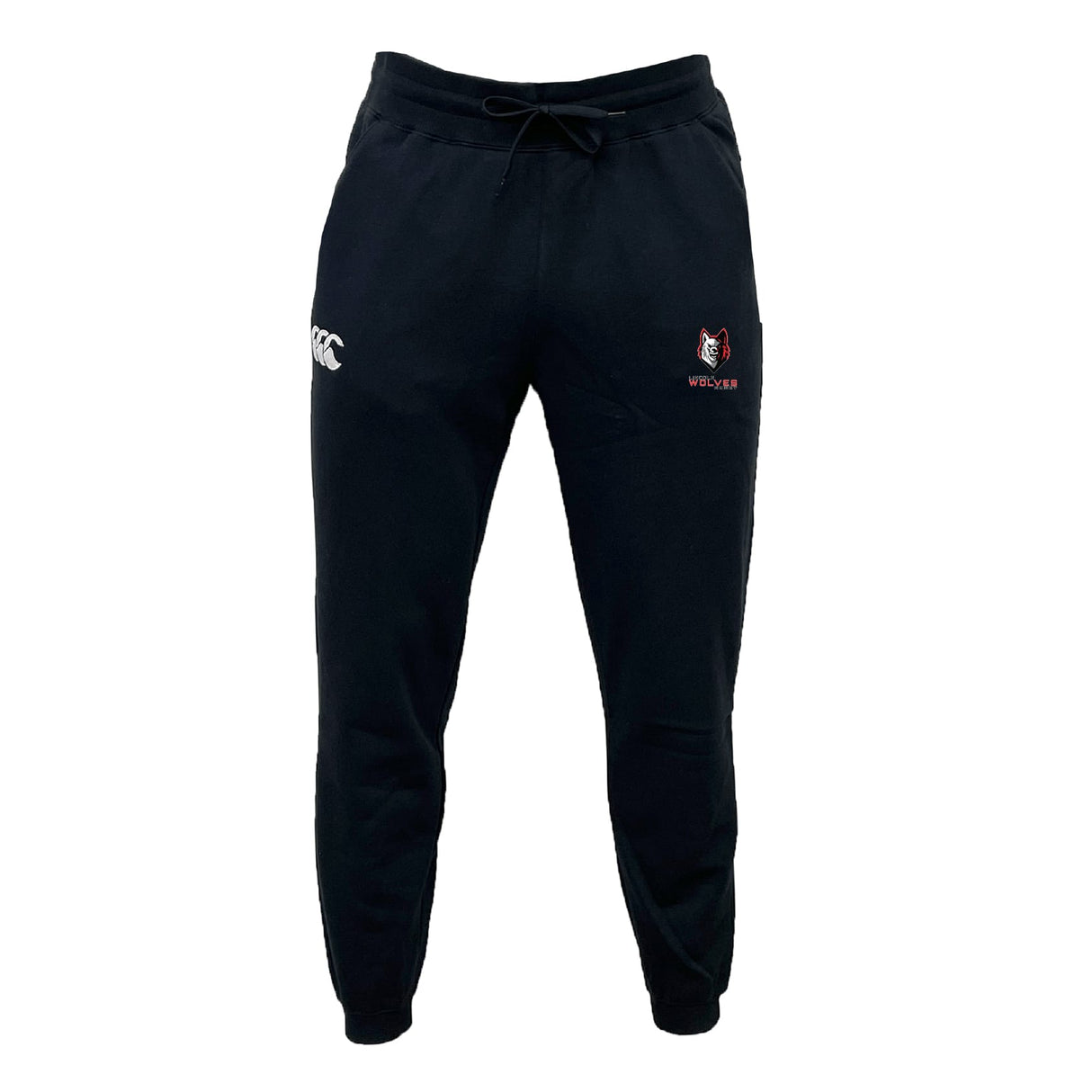The Lincoln Wolves Leisure Sweatpant by EMB Canterbury features cozy black sweatpant material, a drawstring waistband, white "CCC" logo on the left thigh, and a red and white wolf with "WOLVES RFC" on the right thigh.