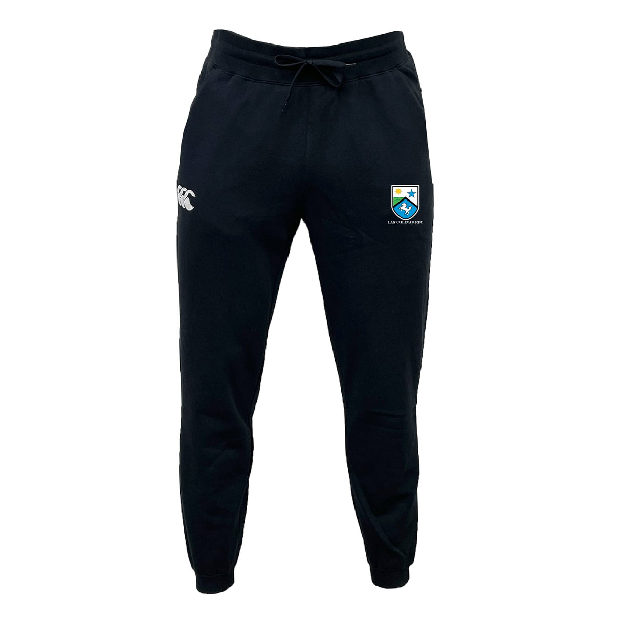 The Las Colinas Rugby Leisure Sweatpant by EMB Canterbury features soft organic cotton, a white Canterbury logo on the left thigh, and a blue-yellow shield emblem on the right for stylish comfort.