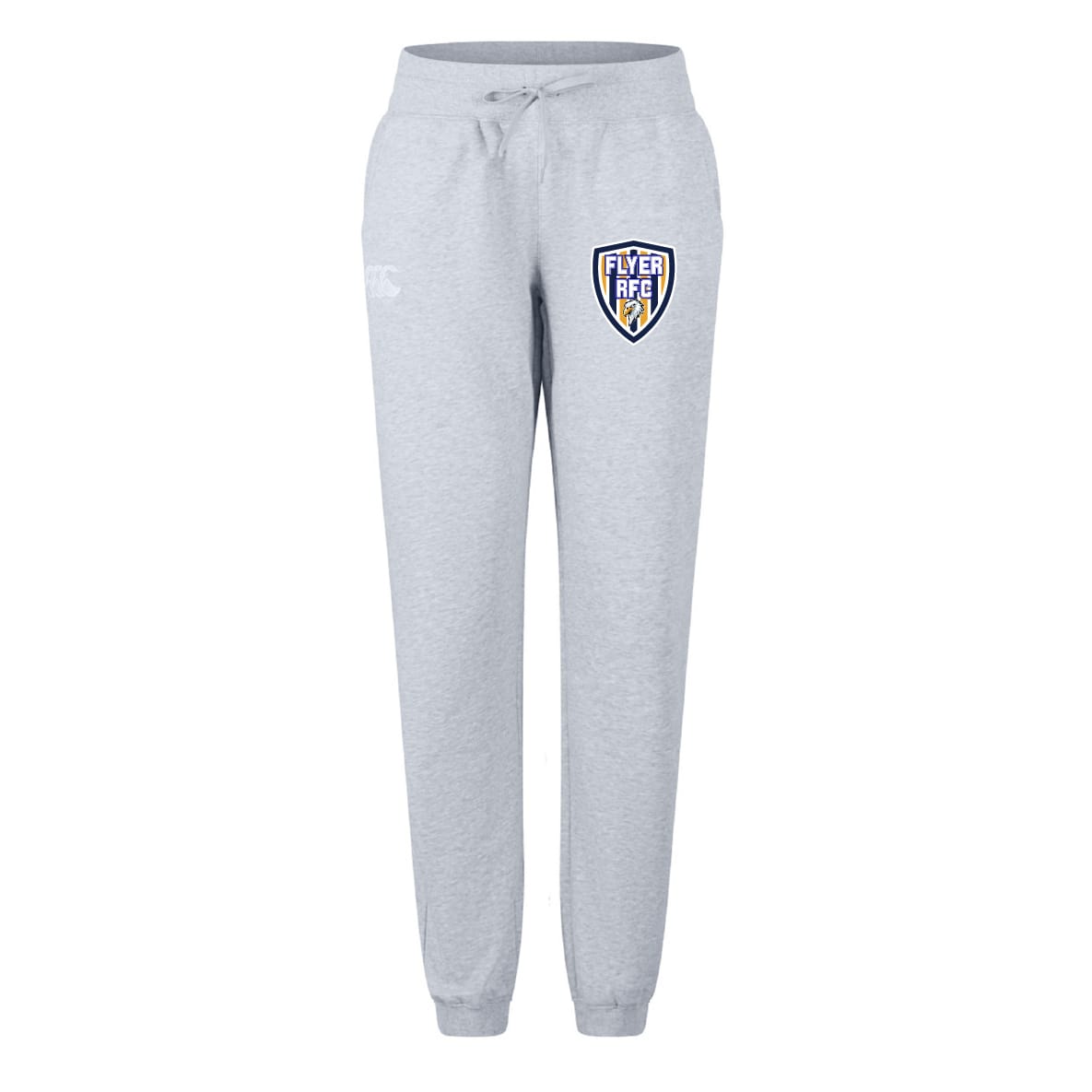 The Franklin County High School Rugby Women's Leisure Sweatpant by EMB Canterbury features a light gray organic cotton build, drawstring waist, tapered legs, and a shield logo—ideal everyday comfort from Canterbury.