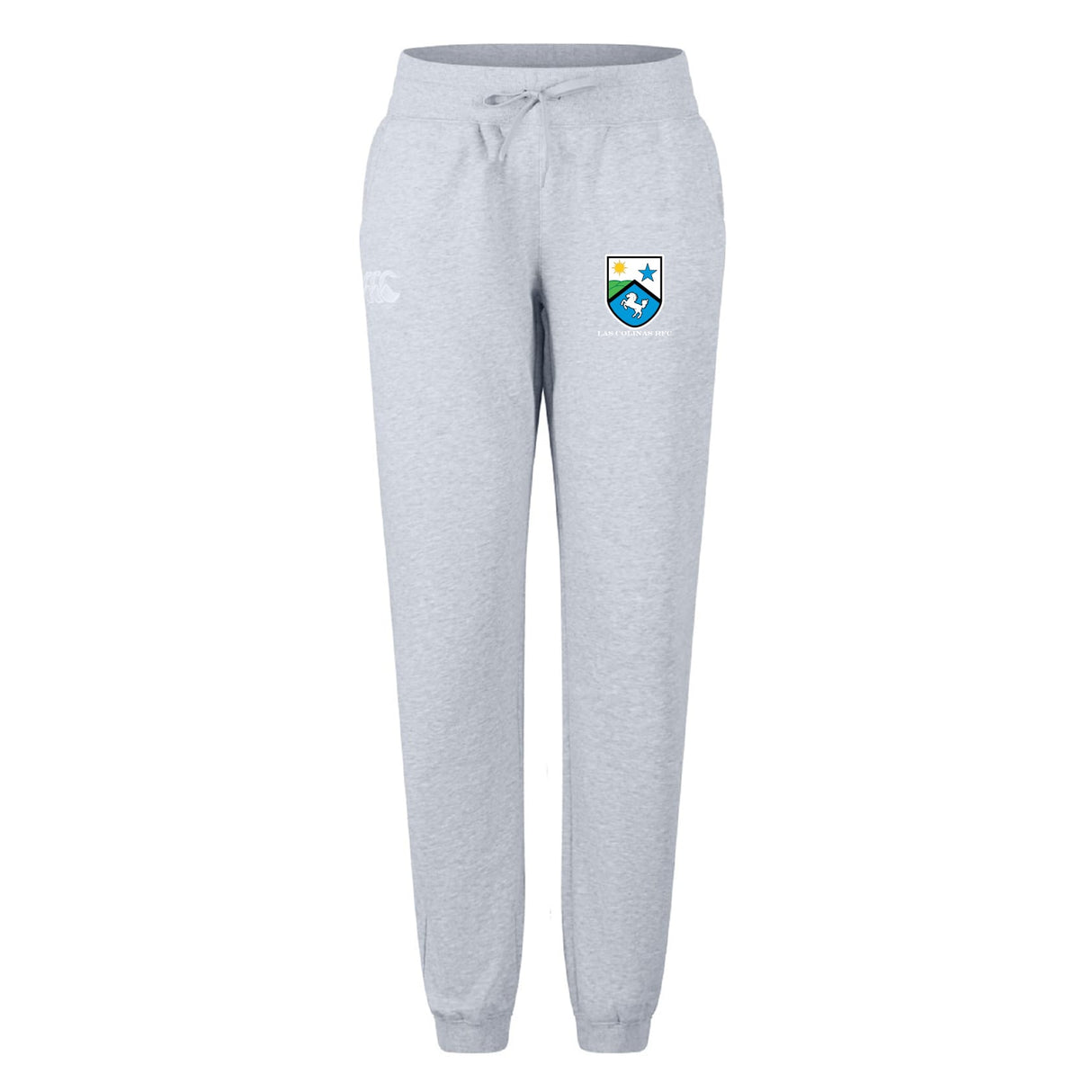 The Las Colinas Rugby Women's Leisure Sweatpant by Canterbury features a blue and yellow crest logo on the upper left thigh, an elastic waistband with drawstring, and is made of soft organic cotton for all-day comfort. Brand: EMB Canterbury.