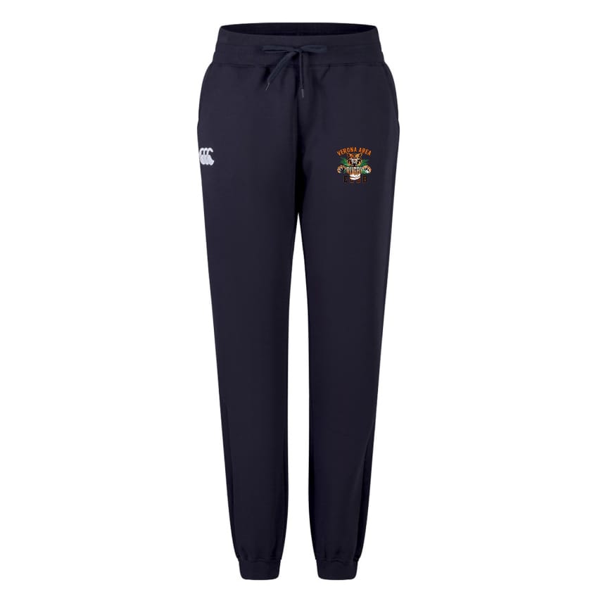 The Verona Area Rugby Women's Leisure Sweatpant by EMB Canterbury is made from a soft cotton blend fleece in black. It features a drawstring waist, cuffed ankles, the Canterbury logo on the right thigh, and a CCC emblem on the left for comfort and style.