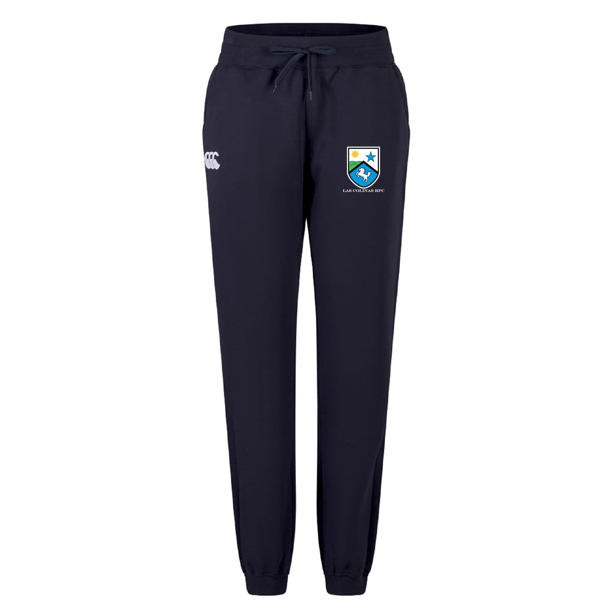 The Las Colinas Rugby Women's Leisure Sweatpant by EMB Canterbury features a navy blue color, elastic waistband with drawstring, logos on the left thigh, and elastic ankle cuffs.
