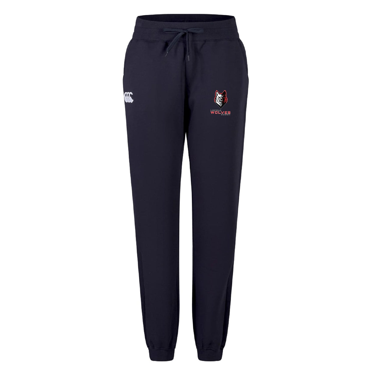 The Lincoln Wolves Women's Leisure Sweatpant by EMB Canterbury features a navy blue color, drawstring waist, embroidered wolf logo and "WOLVES" text on the right thigh, plus a small white logo on the left—combining comfort and style.