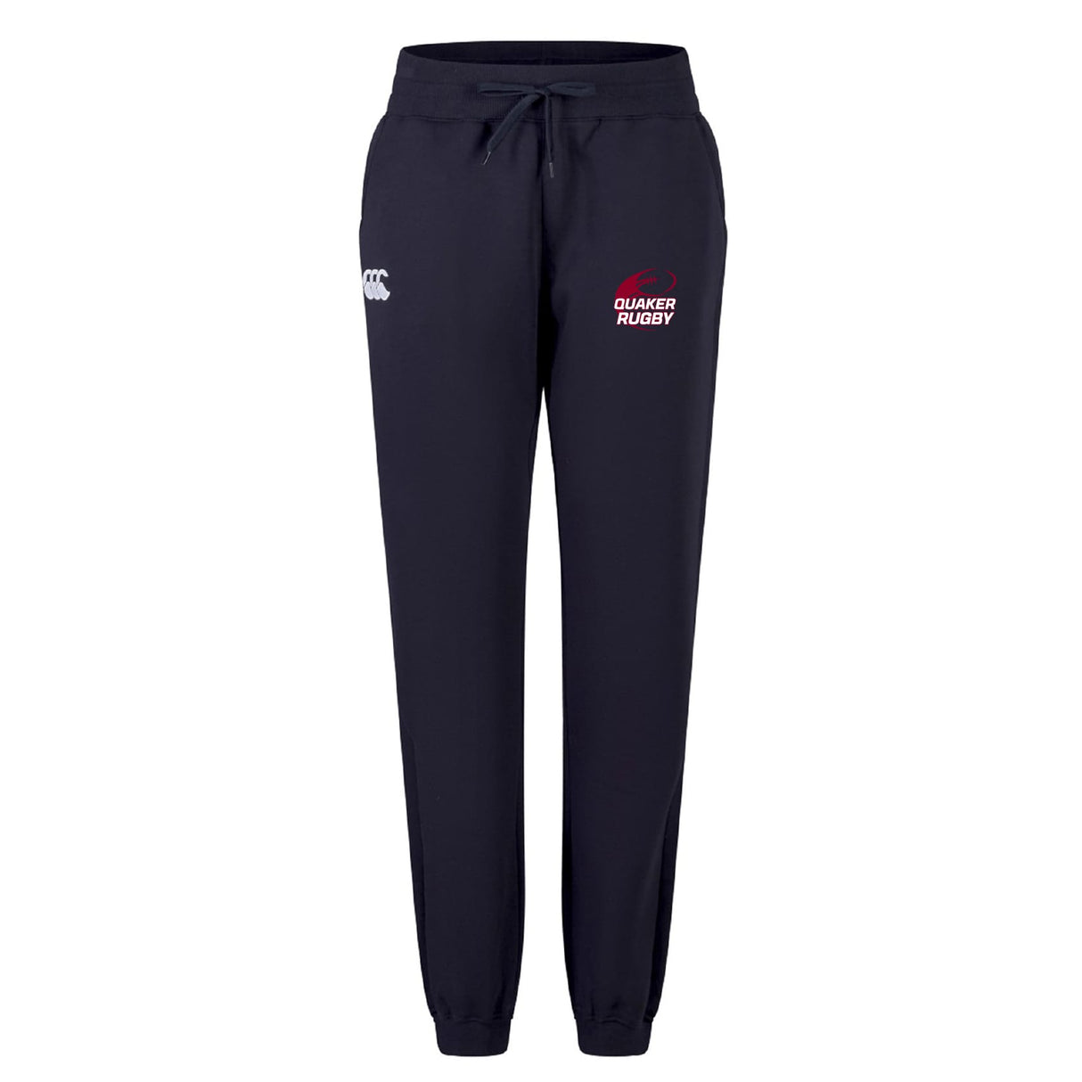 The Guilford College Women's Leisure Sweatpant by EMB Canterbury features a navy blue design, drawstring waist, elastic cuffs, and “Quaker Rugby” and “CCC” thigh logos—an ideal option for women’s leisurewear.