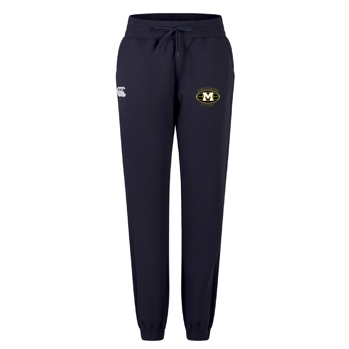 The Monarch Rugby Club Women's Leisure Sweatpant by EMB Canterbury features a navy blue design, drawstring waist, white Canterbury logo on the left thigh, and a circular yellow and black crest on the right thigh.