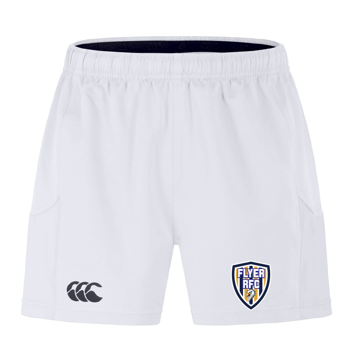 The Franklin County High School Rugby Advantage Short 2.0 by EMB Canterbury features an elastic waistband, side pockets, a black Canterbury logo on the left leg, and a Flyer RFC shield on the right—crafted for comfort, durability, and sustainability.