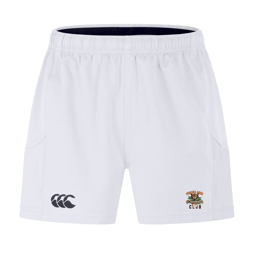 Discover the Verona Area Rugby Advantage Short 2.0 by EMB Canterbury: white sports shorts designed for peak performance. They feature a rugby ball and leaves logo on the right, a black Canterbury logo on the left, and are eco-friendly, made from recycled content.