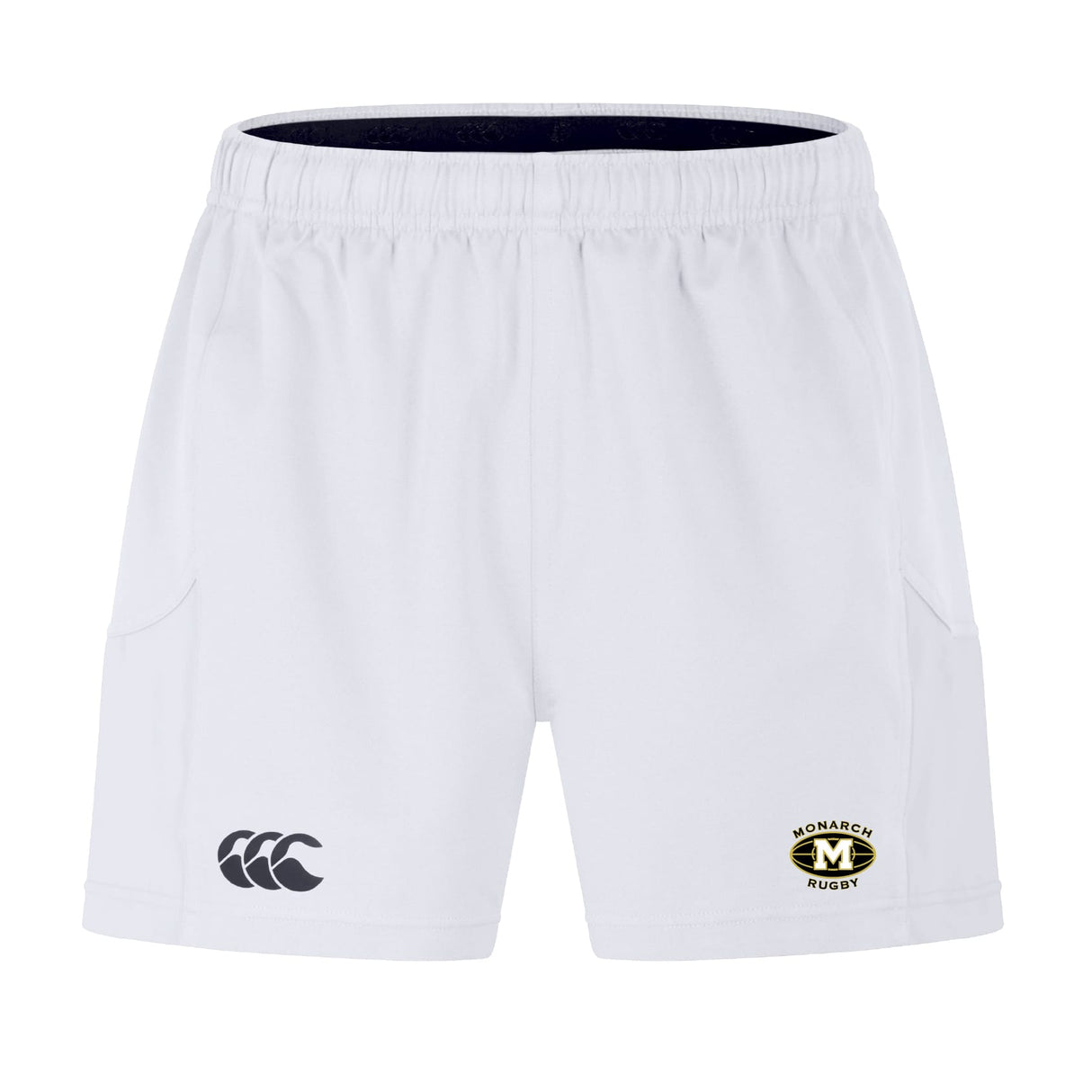 The Monarch Rugby Club Advantage Short 2.0 by EMB Canterbury features an elastic waistband, side pockets, and dual logos—ideal performance training shorts for those who value sustainable sportswear.