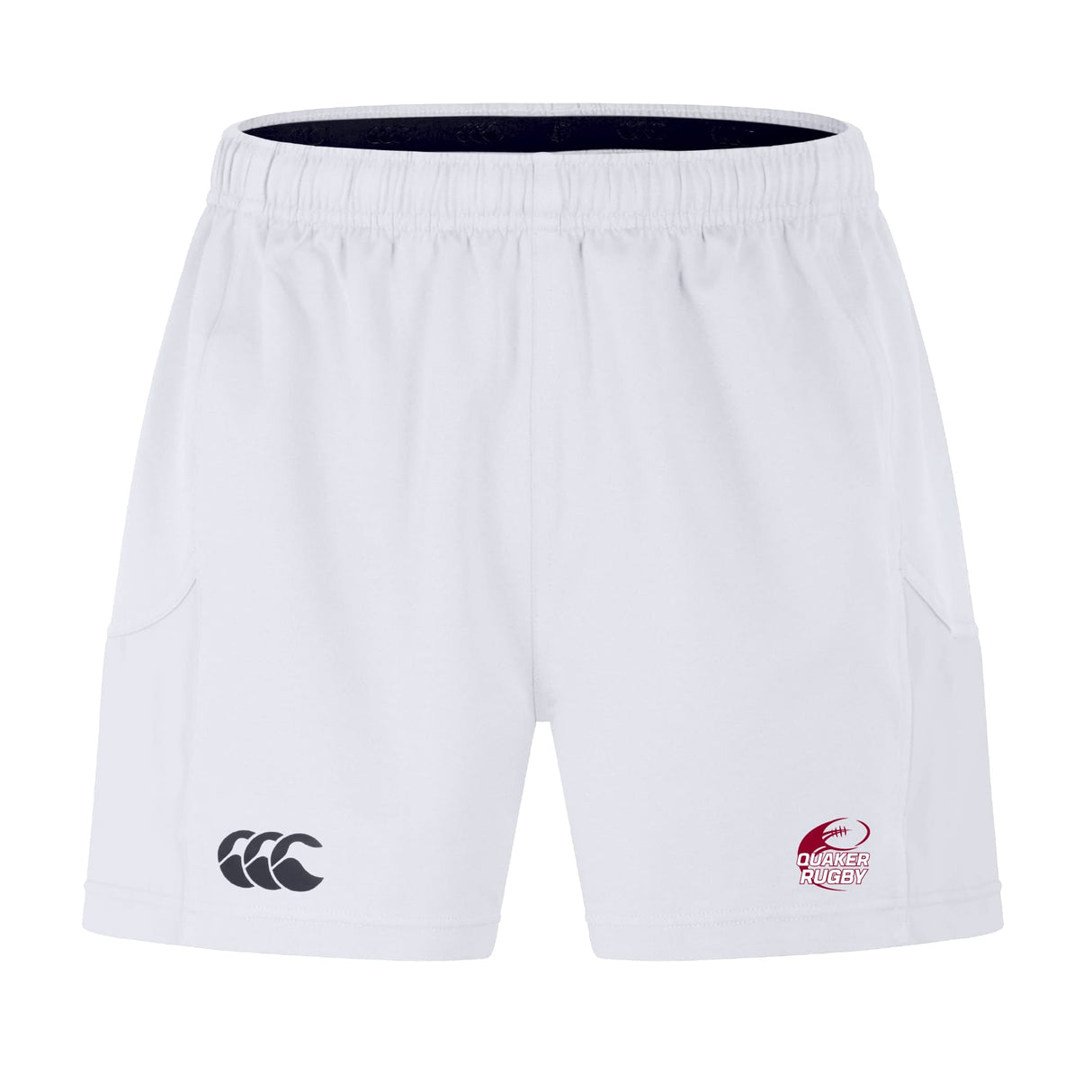 The Guilford College Advantage Short 2.0 by EMB Canterbury features an elastic waistband, side pockets, and two logos on the front legs—designed as performance rugby shorts for comfort on the field.