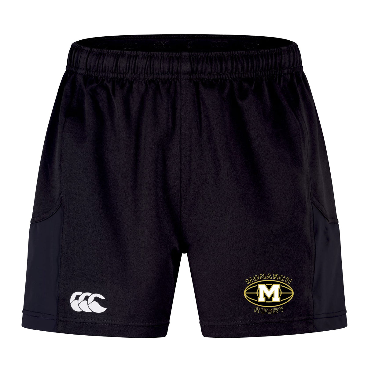 The EMB Canterbury Monarch Rugby Club Advantage Short 2.0 features an elastic waistband, white Canterbury logo on the left leg, and Monarch Rugby emblem on the right—perfect sustainable sportswear for athletes.