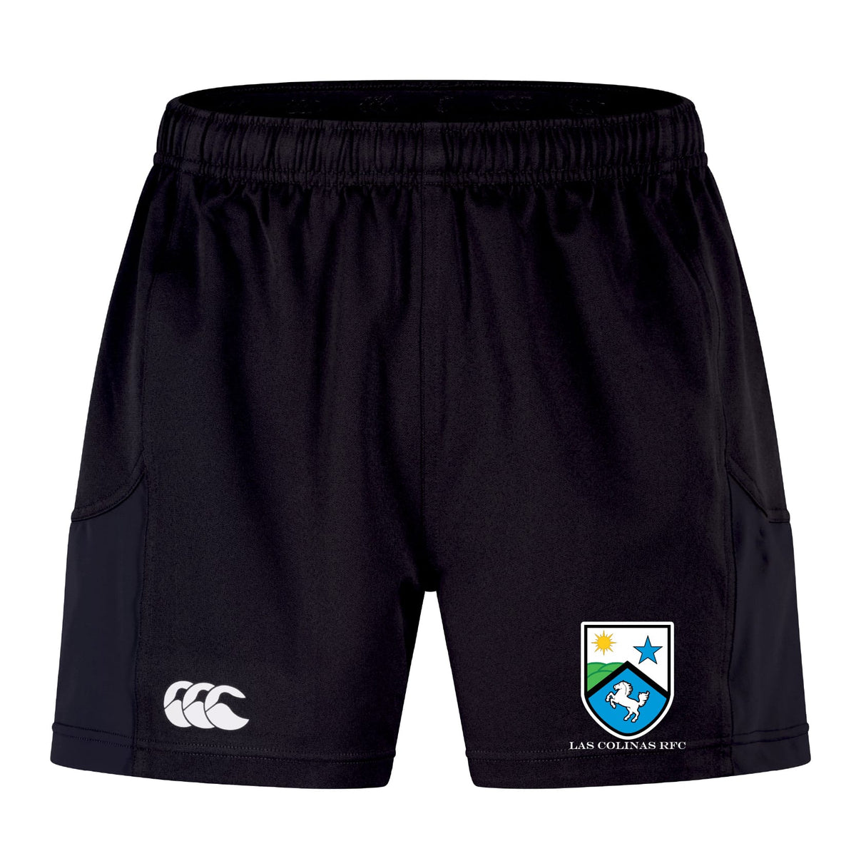 The EMB Canterbury Las Colinas Rugby Advantage Short 2.0 features an elastic waistband, a white Canterbury logo on the left thigh, and a Las Colinas RPC crest on the right—crafted from recycled sportswear materials.