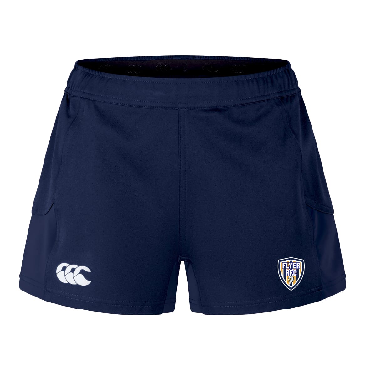 The Franklin County High School Rugby Women's Advantage Short 2.0 by EMB Canterbury features the Canterbury logo on the left leg and a Fly Emirates Rugby Referee badge on the right, ideal for women’s rugby or active lifestyles.