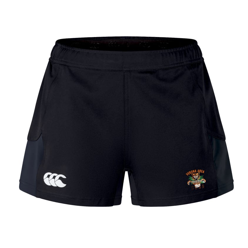 The Verona Area Rugby Women's Advantage Short 2.0 by EMB Canterbury offers a black athletic design with side panels, a logo on the right thigh, and a white emblem on the left. Part of our sustainable sportswear collection, these shorts provide style and functionality.