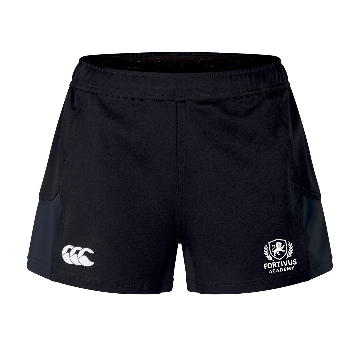 The Fortivus Academy Women's Advantage Short 2.0 by EMB Canterbury features black fabric, a white Canterbury logo on the left leg, and the Fortivus Academy crest on the right, offering sustainable athletic style against a plain white background.
