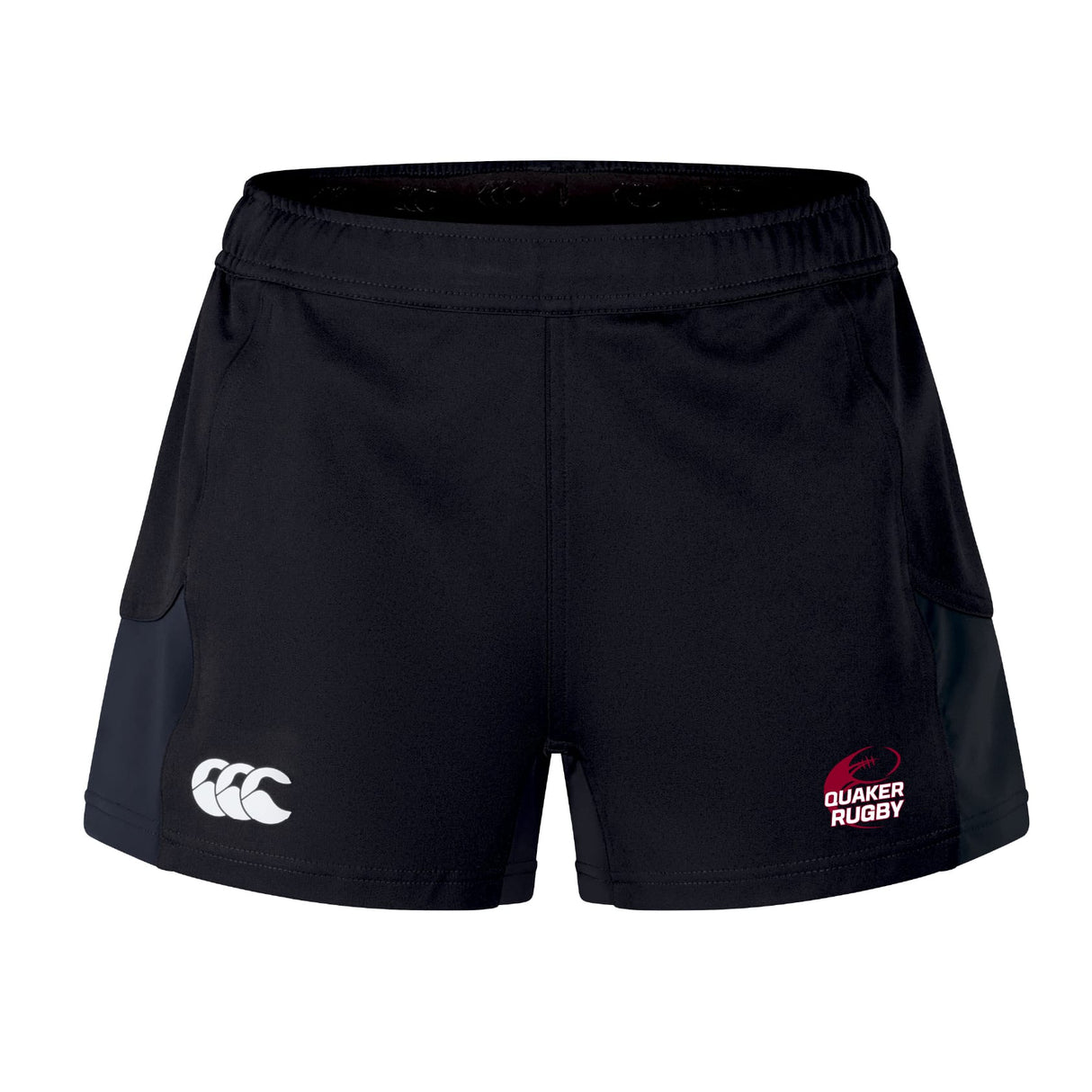 The Guilford College Women's Advantage Short 2.0 by EMB Canterbury features the Canterbury logo on the left leg and a Quaker Rugby emblem on the right, offering performance and style for women's rugby.