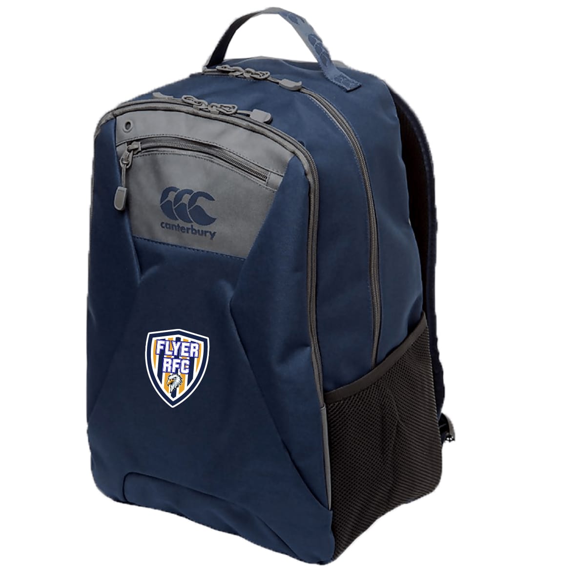 The Franklin County High School Rugby Medium Backpack by EMB Canterbury features a front zip pocket, side mesh pocket, padded laptop pocket, and a Flyer RFC logo—ideal for daily use as an athletic gear bag.