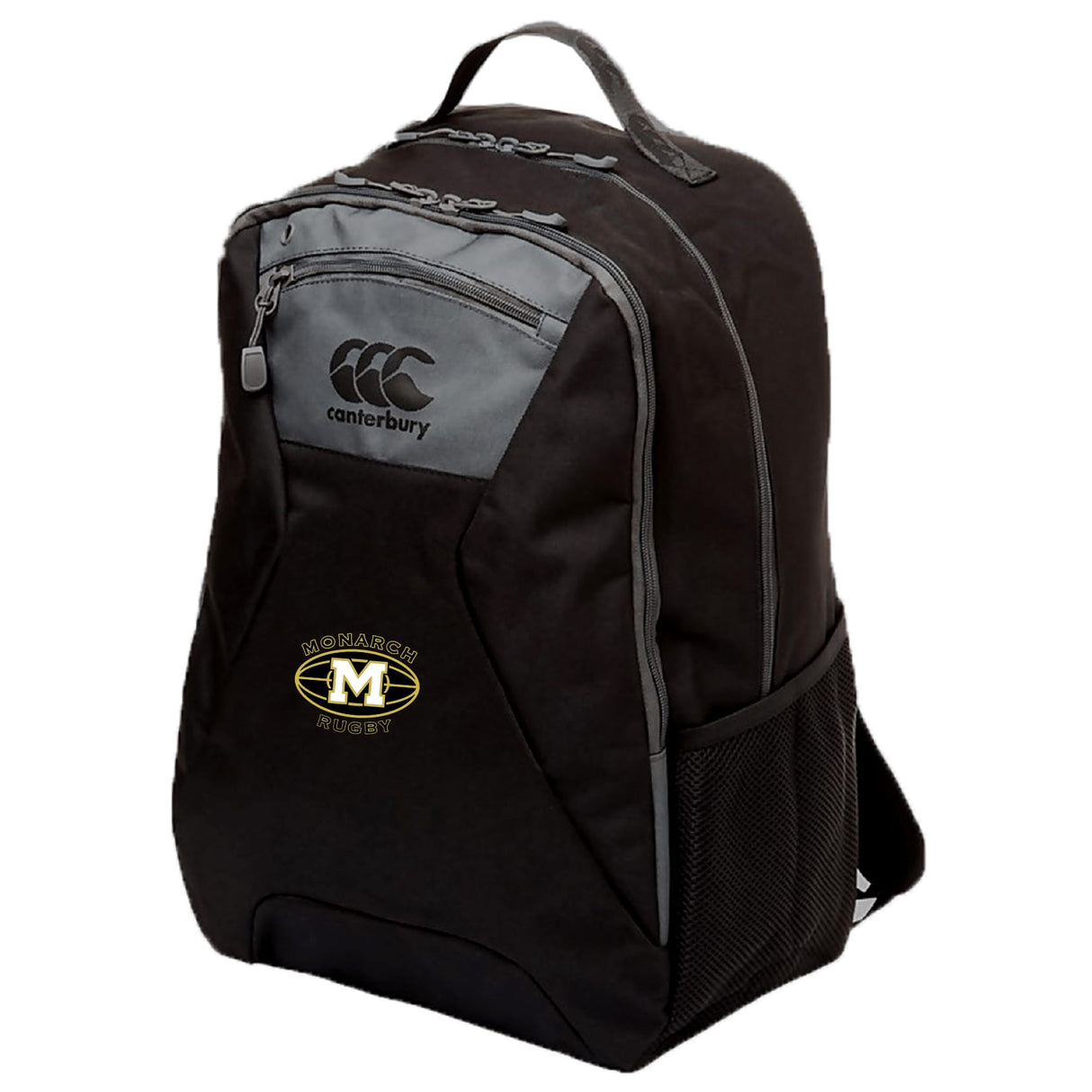 The Monarch Rugby Club Medium Backpack by EMB Canterbury features gray accents, front/top zippered compartments, a side mesh pocket, padded laptop sleeve, water-repellent fabric, and a Monarch Rugby logo—ideal for everyday use.