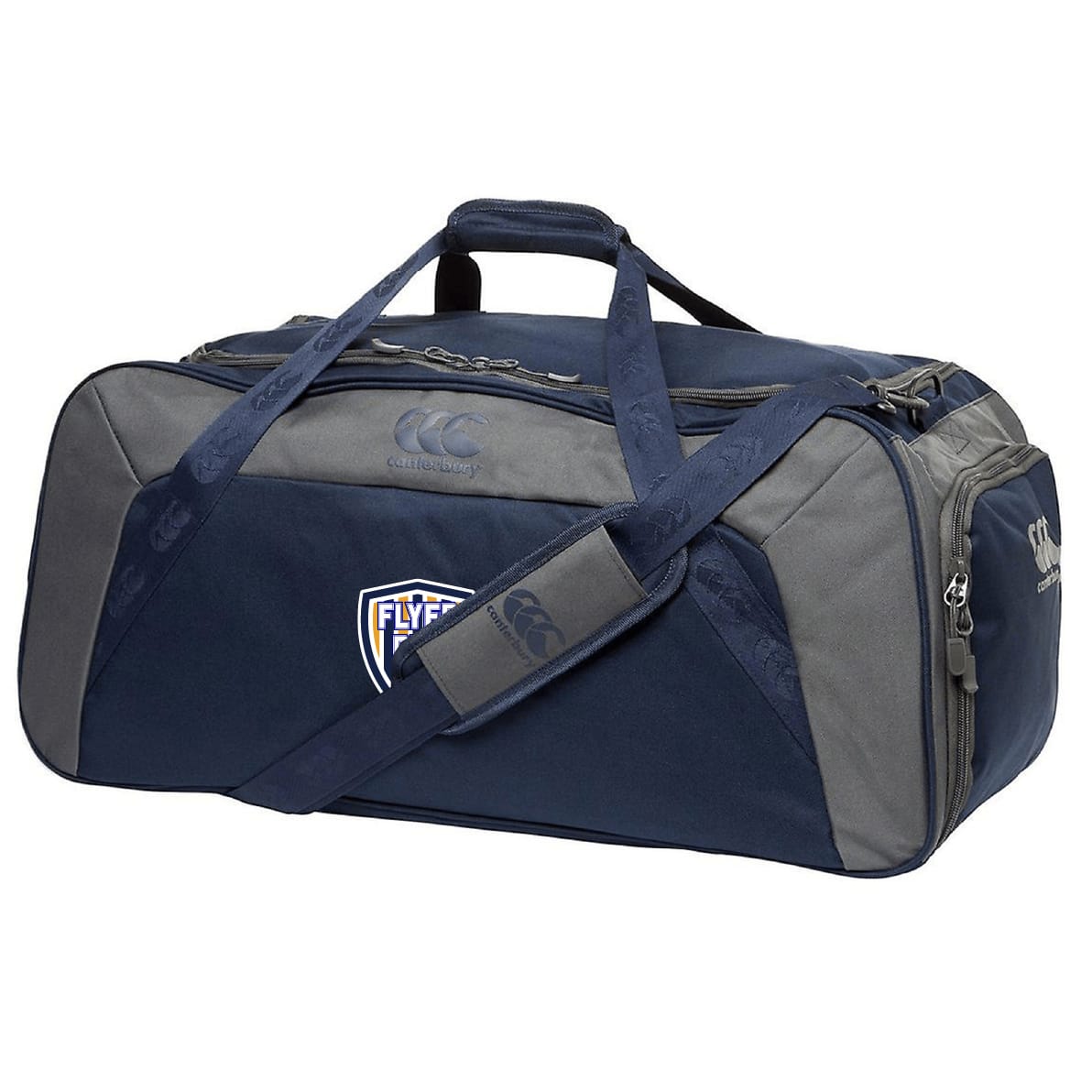 The Franklin County High School Rugby Holdall Duffle Bag by EMB Canterbury features a navy and gray design, shoulder strap, "Flyers" logo, Canterbury branding, and is water repellent—ideal for keeping rugby gear dry and organized.