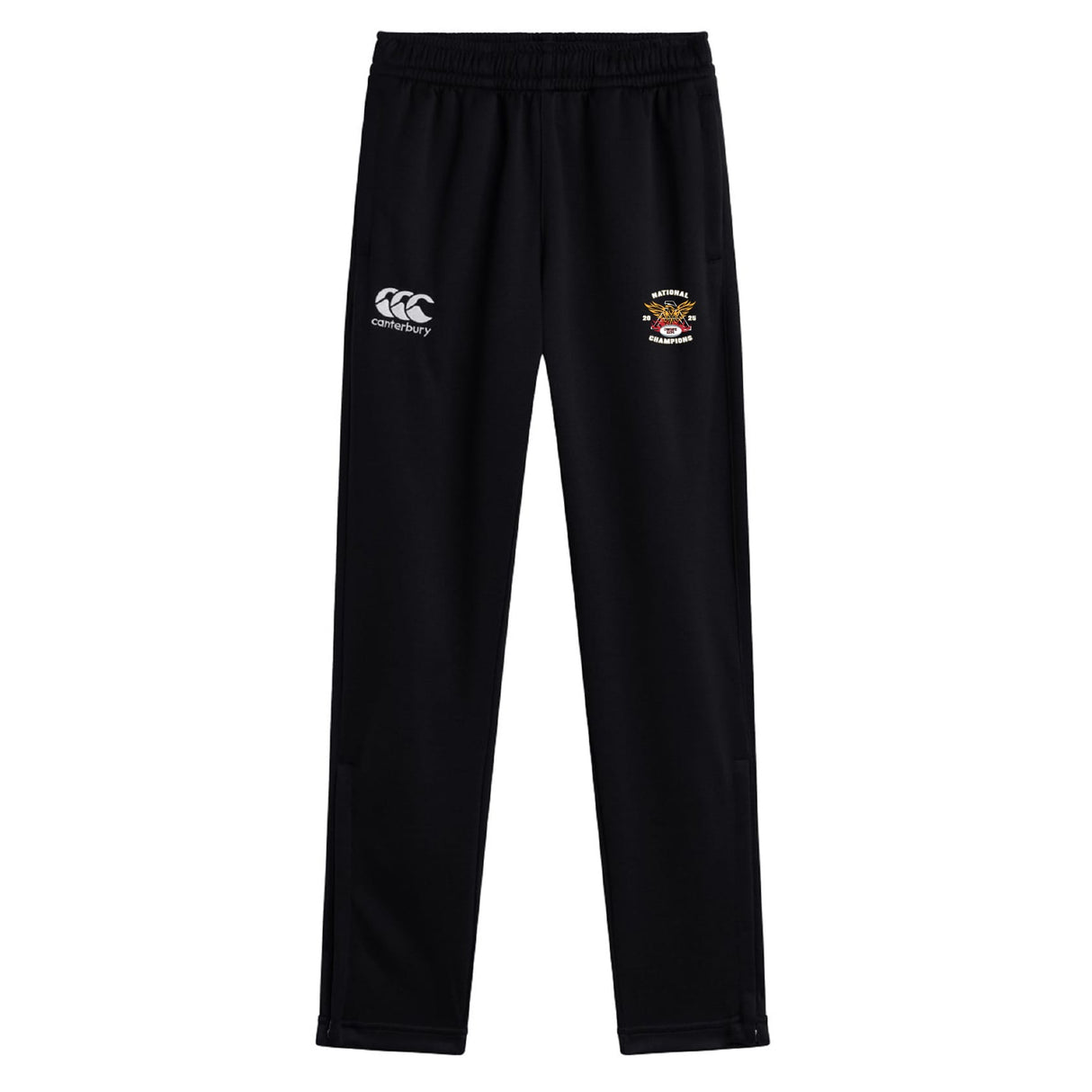 The Atlanta Old White Rugby Champs Stretch Tapered Pant by EMB Canterbury features an elastic waistband, white Canterbury logo on the left, and a multicolored embroidered crest on the right—perfect men's quick-dry workout pants.