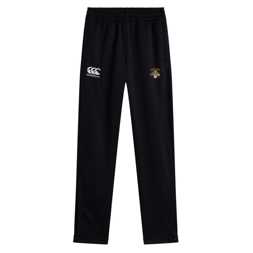 Verona Area Rugby Stretch Tapered Pant by EMB Canterbury features an elastic waistband, zip pockets, front logos, and quick-dry fabric for all-day comfort.