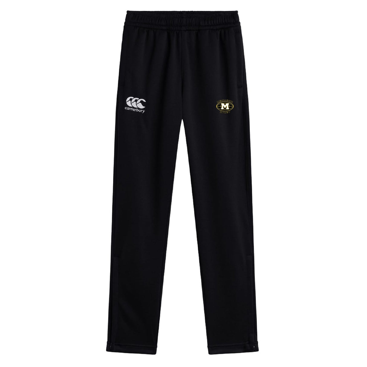 The Monarch Rugby Club Stretch Tapered Pant by EMB Canterbury features an elastic waistband, quick-dry fabric, a white Canterbury logo on the left, and a yellow-black oval emblem—ideal men's workout pants for any activity.