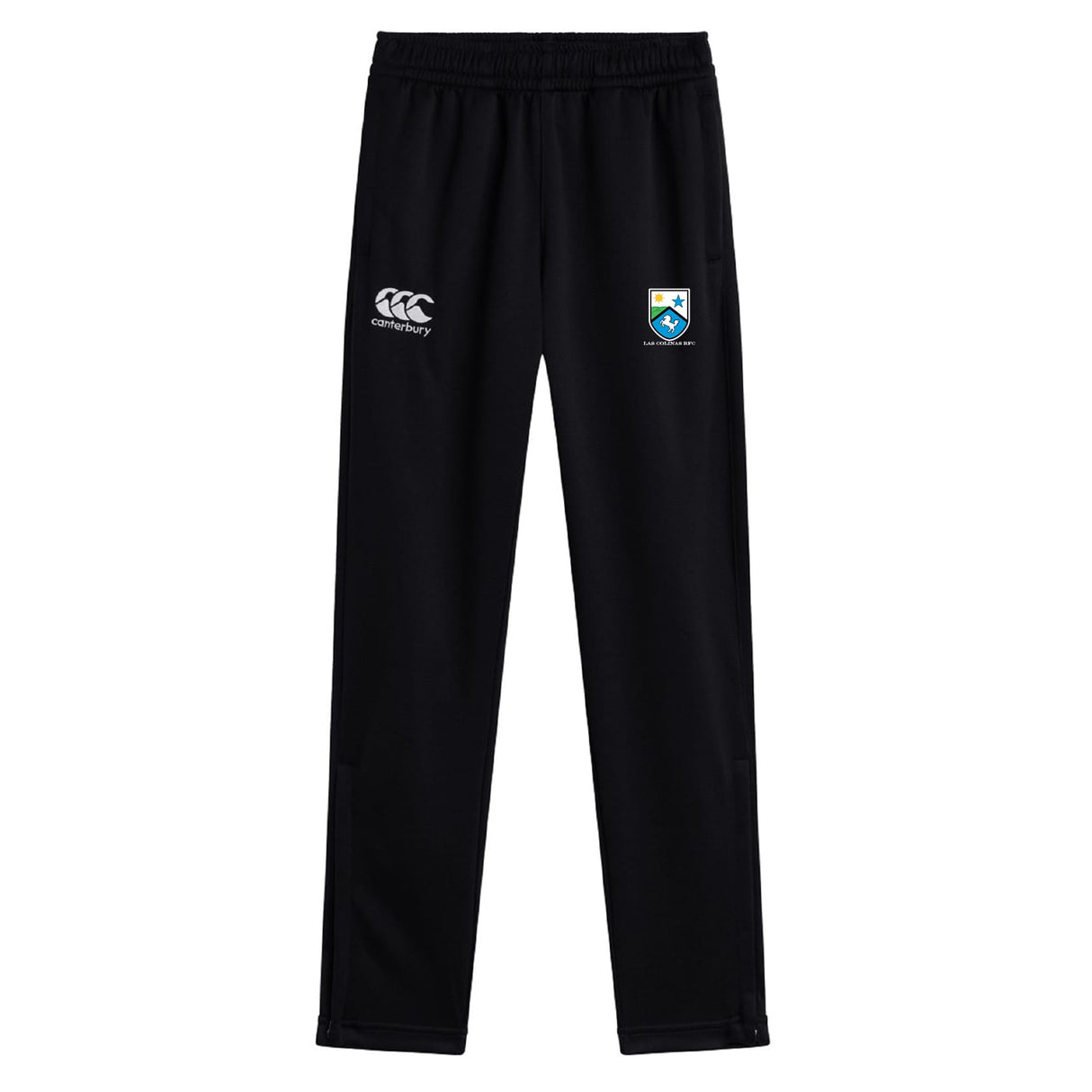 The Las Colinas Rugby Stretch Tapered Pant by EMB Canterbury features an elastic waistband, quick-dry fabric, a white Canterbury logo on the right, and a colorful crest on the left—combining comfort and style for men’s active days.