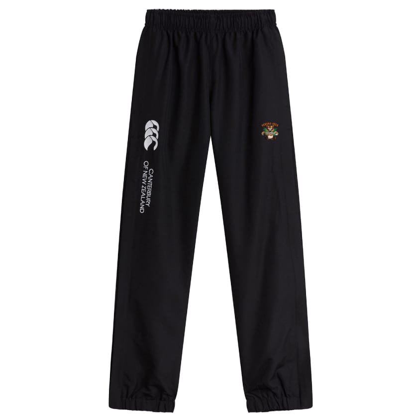 The EMB Canterbury Verona Area Rugby Cuffed Hem Stadium Pant features a quick-drying fabric with an elastic waistband, adorned with the iconic logo and an embroidered emblem on the left side, perfect for rugby enthusiasts.