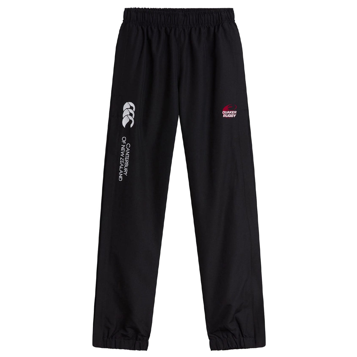 The Guilford College Cuffed Hem Stadium Pant by EMB Canterbury features an elastic waistband and cuffs, classic Canterbury style, white and red logos, and "Canterbury of New Zealand" text on the left leg.