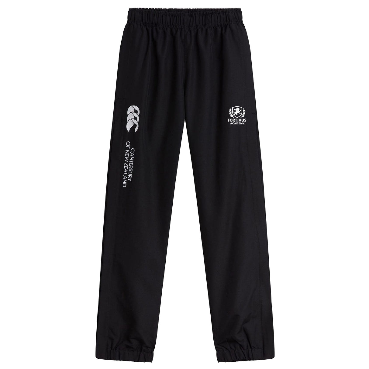 The Fortivus Academy Cuffed Hem Stadium Pant by EMB Canterbury features an elastic waistband and cuffs, plus white logos—ideal men's pants for training or cheering at the stadium.
