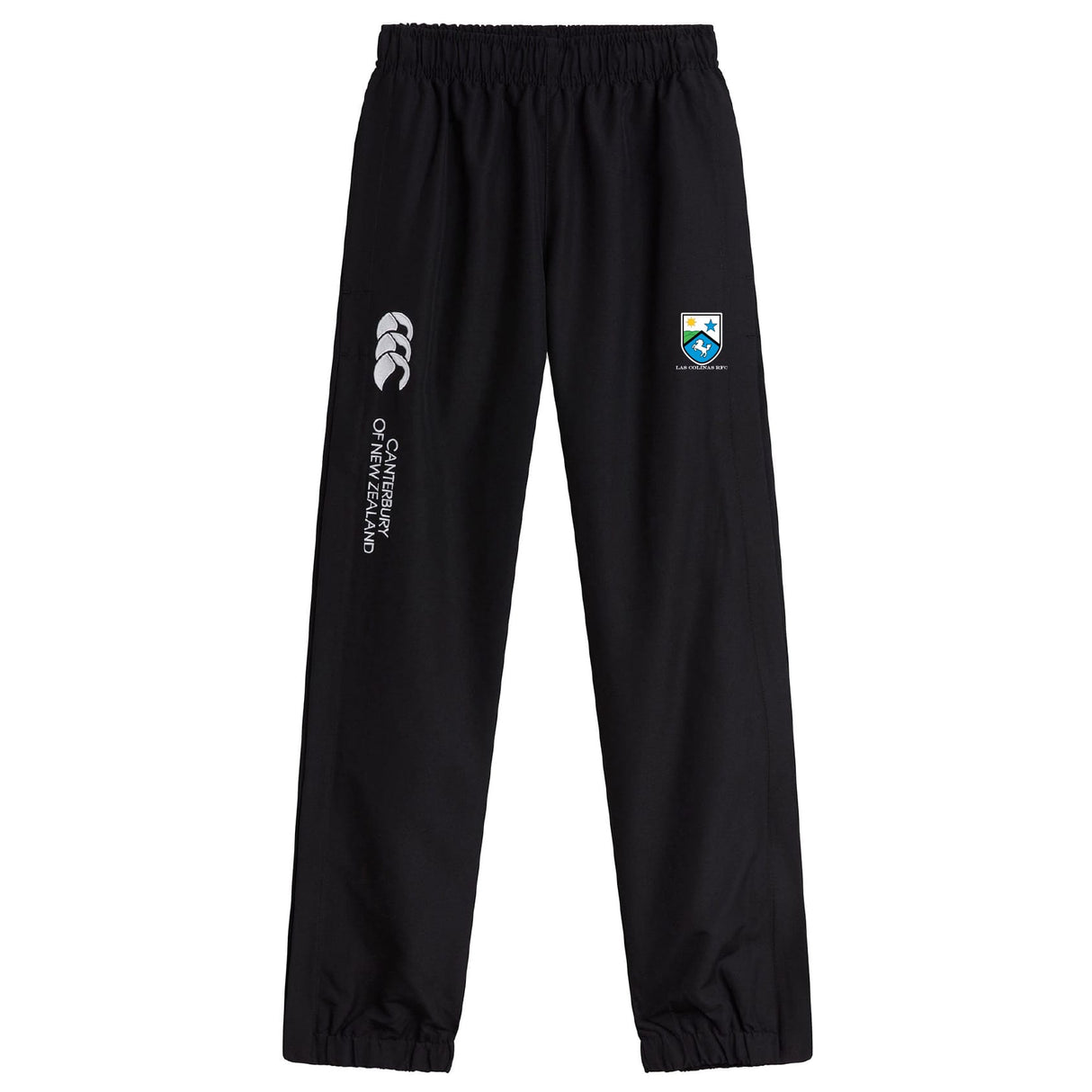 The EMB Canterbury Las Colinas Rugby Cuffed Hem Stadium Pant features an elastic waistband, cuffed hem, iconic Canterbury logo, and a blue-green shield crest on the left thigh.