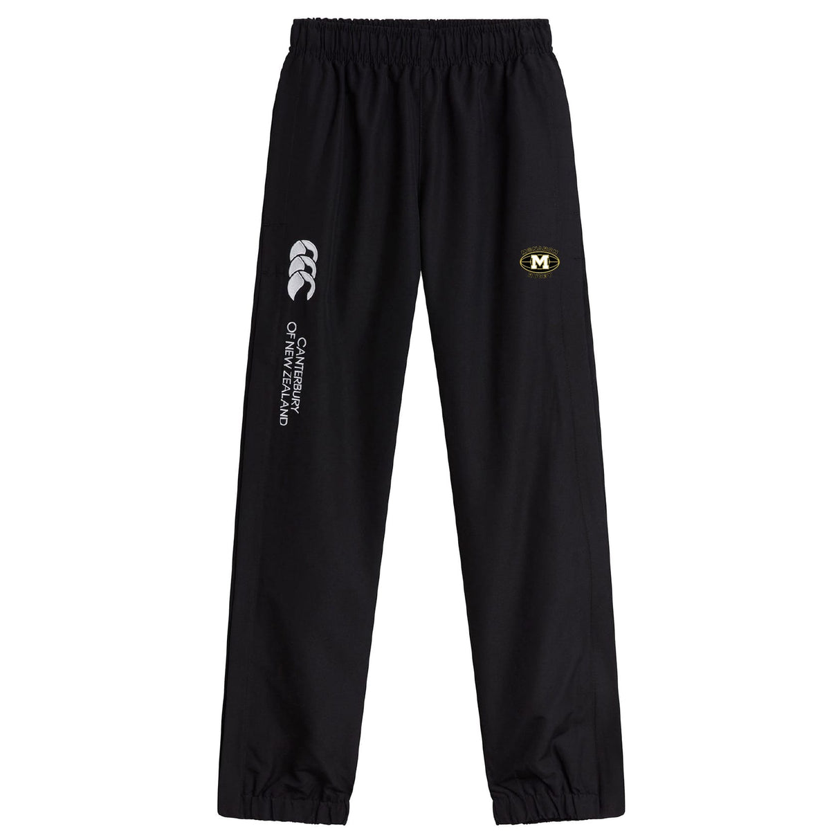 The Monarch Rugby Club Cuffed Hem Stadium Pant by EMB Canterbury features a black design with elastic waistband, cuffed hem, white logo, and a yellow "M" patch on the right leg—ideal for rugby or everyday athletic wear.