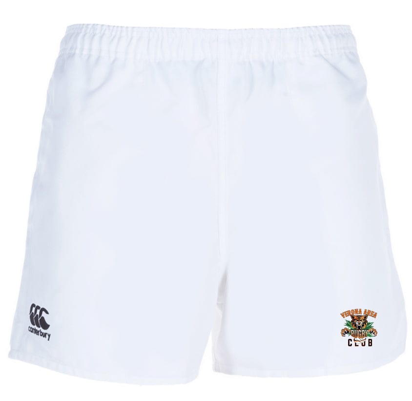 The Verona Area Rugby Professional Polyester Rugby Shorts by EMB Canterbury feature an elastic waistband, a small Canterbury logo on the left, and a colorful club emblem on the right.