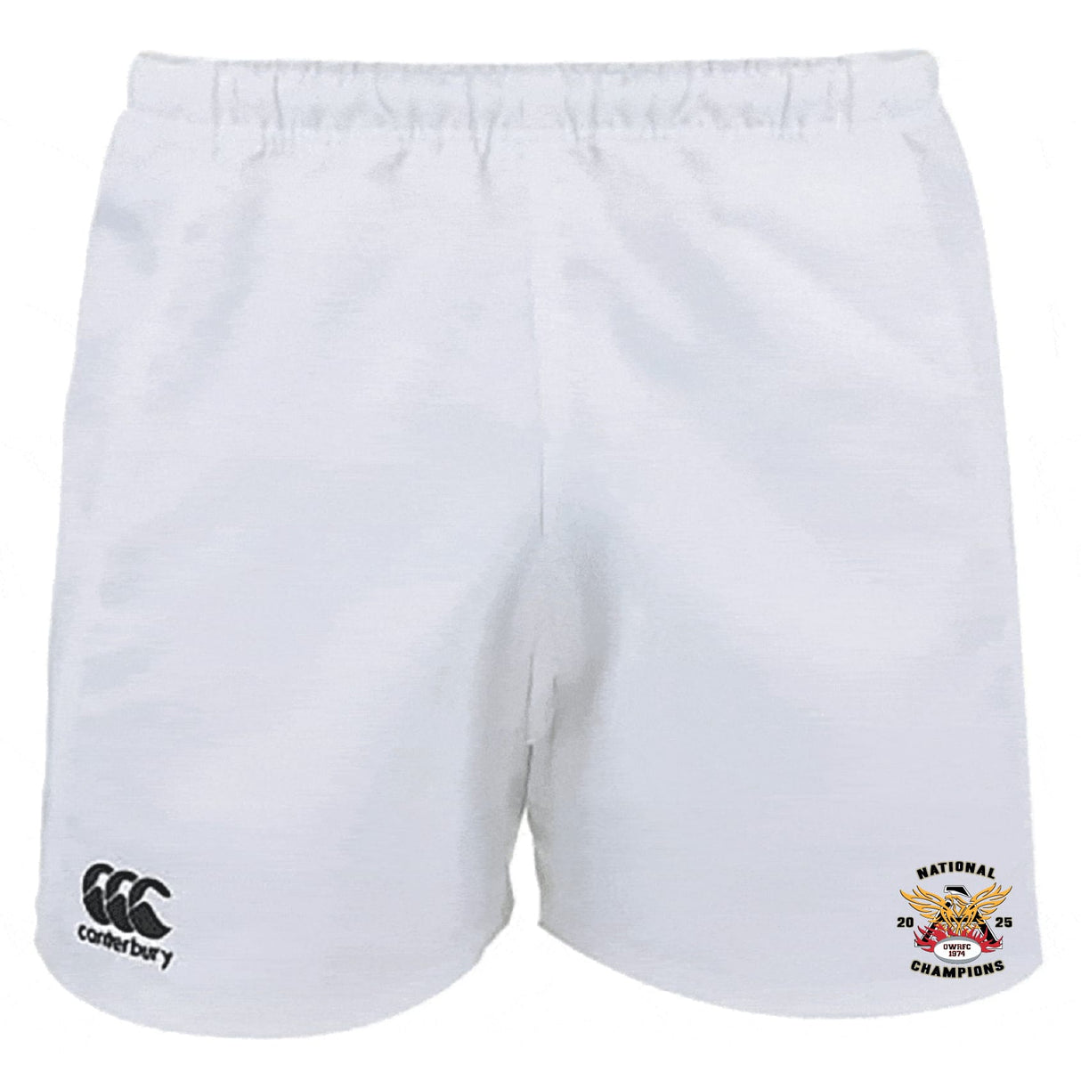 The Atlanta Old White Rugby Champs Advantage Rugby Shorts by EMB Canterbury feature the iconic logo on the left leg, a "2025 National Champions" emblem on the right, and offer superior moisture wicking for peak performance.
