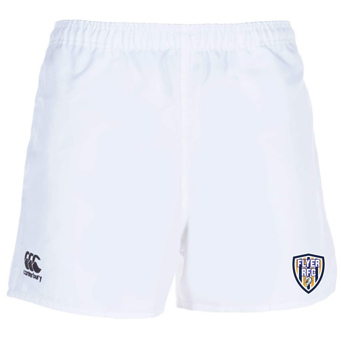 Franklin County High School Rugby Professional Polyester Rugby Shorts by EMB Canterbury, featuring an elastic waistband, Canterbury logo on the left leg, and Flyer RFC badge on the right leg. Made of durable polyester for top performance.