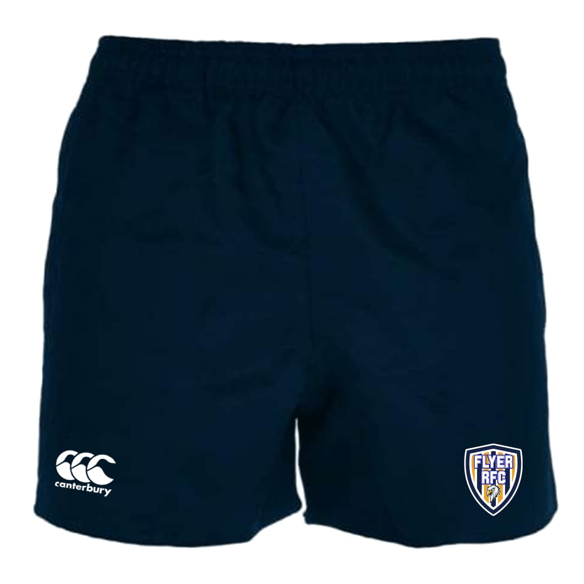 EMB Canterbury Franklin County High School Rugby Professional Polyester Shorts feature a white Canterbury logo on the left leg and Flyer RFC badge on the right, designed for comfort and durability.