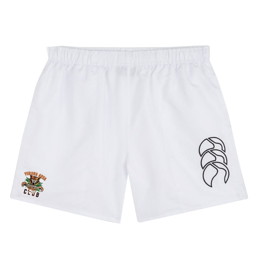 The EMB Canterbury Verona Area Rugby Tactic Shorts, inspired by classic Canterbury style, feature a stylized right logo and a colorful left emblem. They have an elasticated waist for comfort during intense matches or casual workouts.
