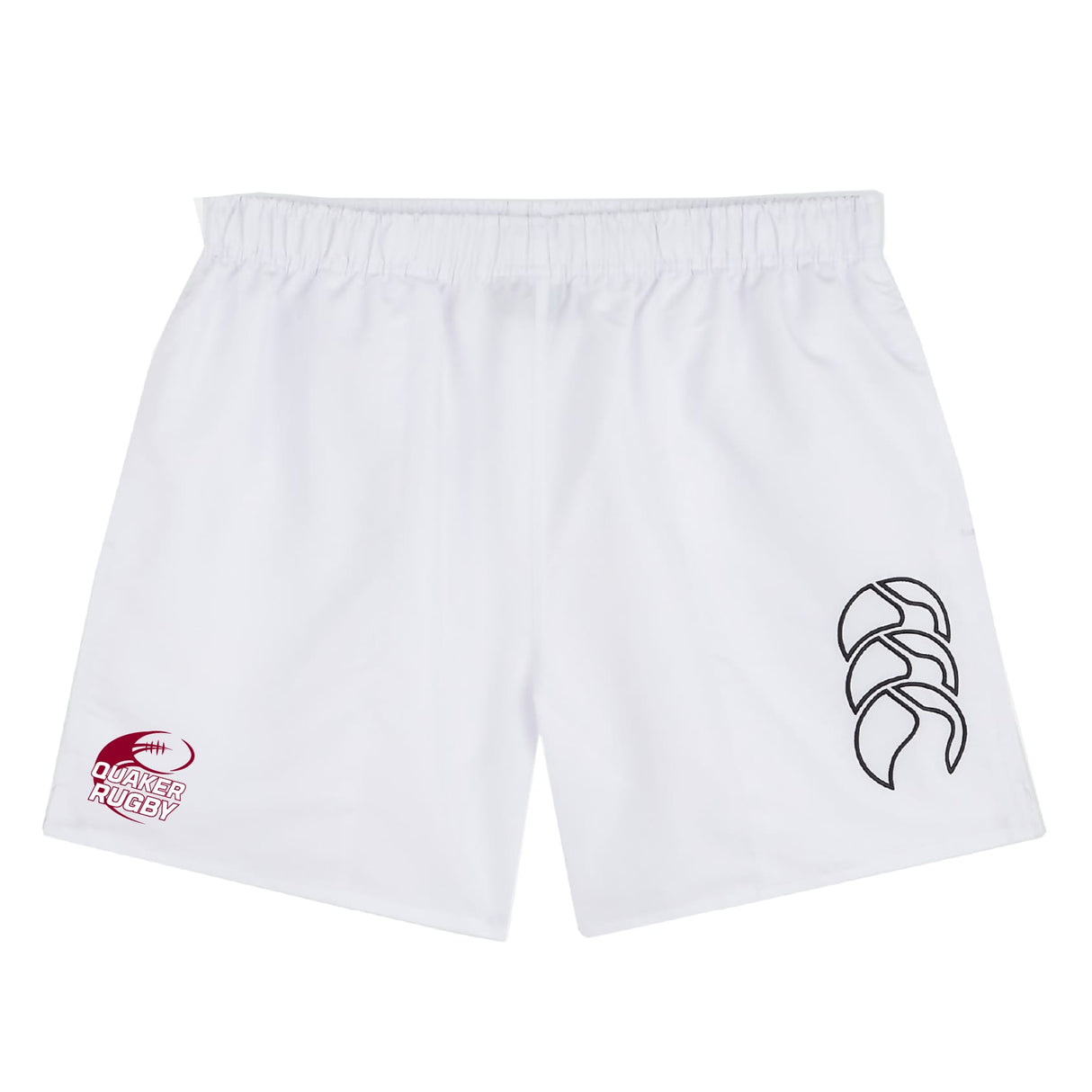 Guilford College Tactic Shorts by Canterbury for men—white with an elastic waistband, red "Quaker Rugby" logo on the left leg, black design on the right. Ideal for gym training or as classic EMB Canterbury rugby shorts.