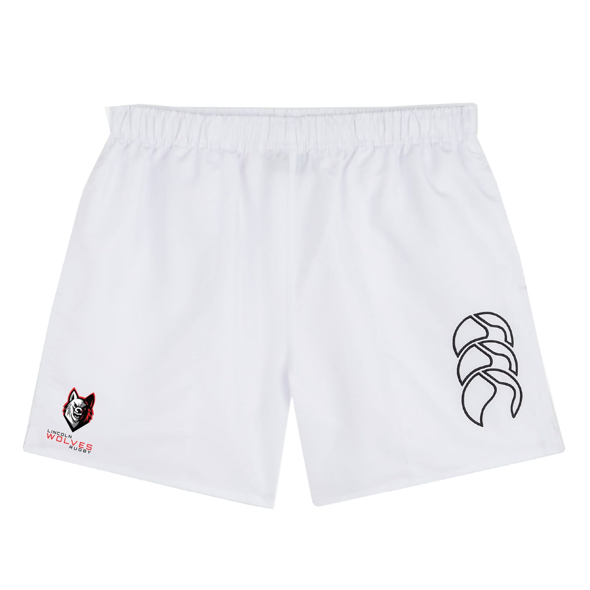 The Lincoln Wolves Tactic Short by EMB Canterbury features an elastic waistband, a bold black abstract logo on one leg, and a wolf mascot with "WOLVES" text on the other—ideal for gym training or as stylish Canterbury shorts.