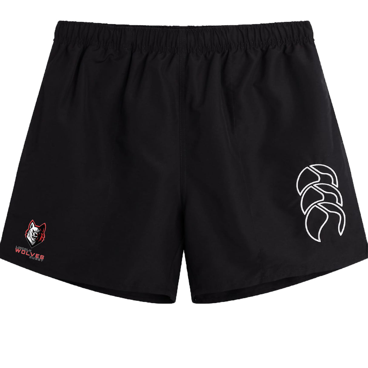 The Lincoln Wolves Tactic Short by EMB Canterbury are black men's rugby shorts featuring a white geometric logo on the right leg and a red wolf head with "WOLVER" text on the left—ideal for gym training or on-field action.