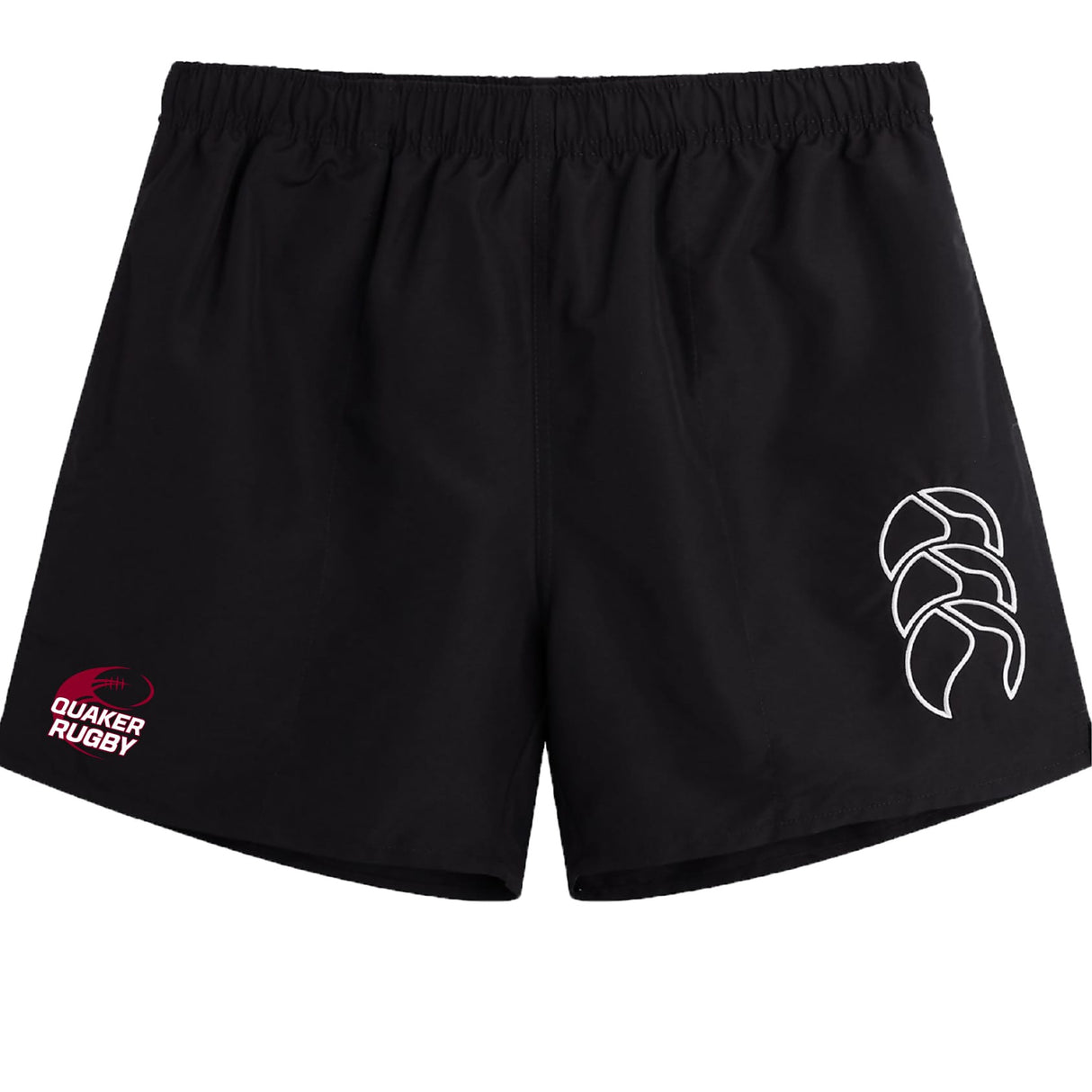 The Guilford College Tactic Short by EMB Canterbury features an elastic waistband, a large white Canterbury logo on the right leg, and a red "Quaker Rugby" logo on the left—ideal men's shorts for rugby training or gym sessions.