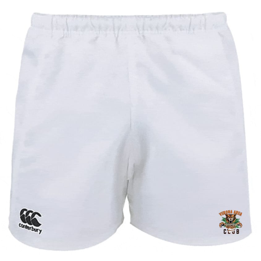 The Verona Area Rugby Advantage Rugby Shorts by EMB Canterbury feature the iconic logo on the left leg and a club emblem on the right, designed with superior moisture management for comfort during intense matches.