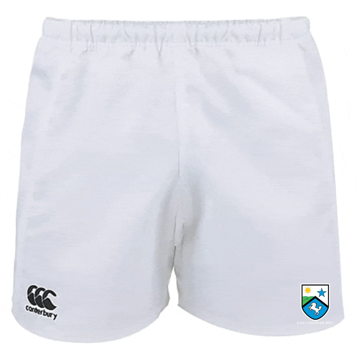 The Las Colinas Rugby Advantage Rugby Shorts by EMB Canterbury feature a black logo on the left leg and a blue and white star rugby ball badge on the right. These moisture-wicking shorts offer game-day comfort.