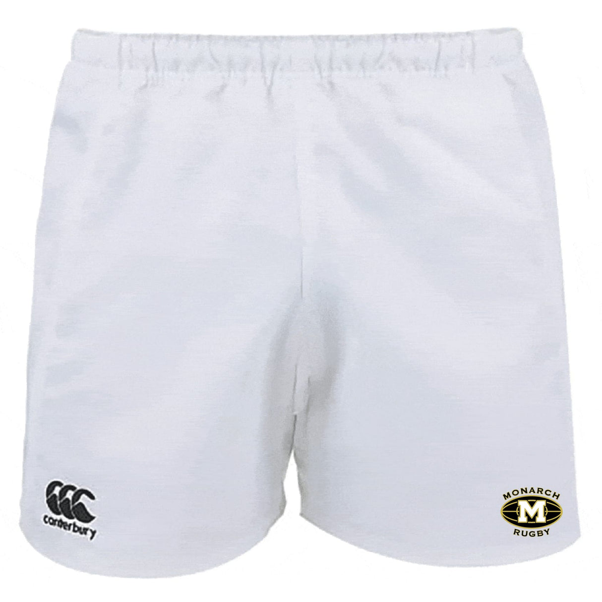 EMB Canterbury Monarch Rugby Club Advantage Rugby Shorts feature an elastic waistband, moisture-wicking fabric, the Canterbury logo on the left leg, and the Monarch Rugby logo on the right for comfort and style on and off the field.