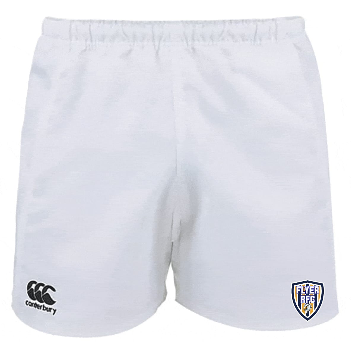 The Franklin County High School Rugby Advantage Shorts by EMB Canterbury feature an elastic waistband, moisture-wicking fabric, a Canterbury logo on the left leg, and the Flyer RFC badge on the right.