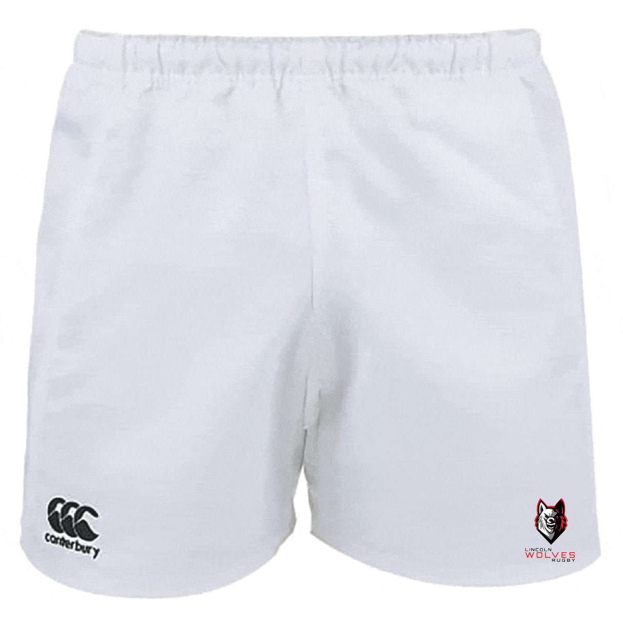 The Lincoln Wolves Advantage Rugby Shorts by EMB Canterbury feature a black Canterbury logo on the left leg, a red and black Wolves logo on the right, and moisture-wicking fabric for style and performance.