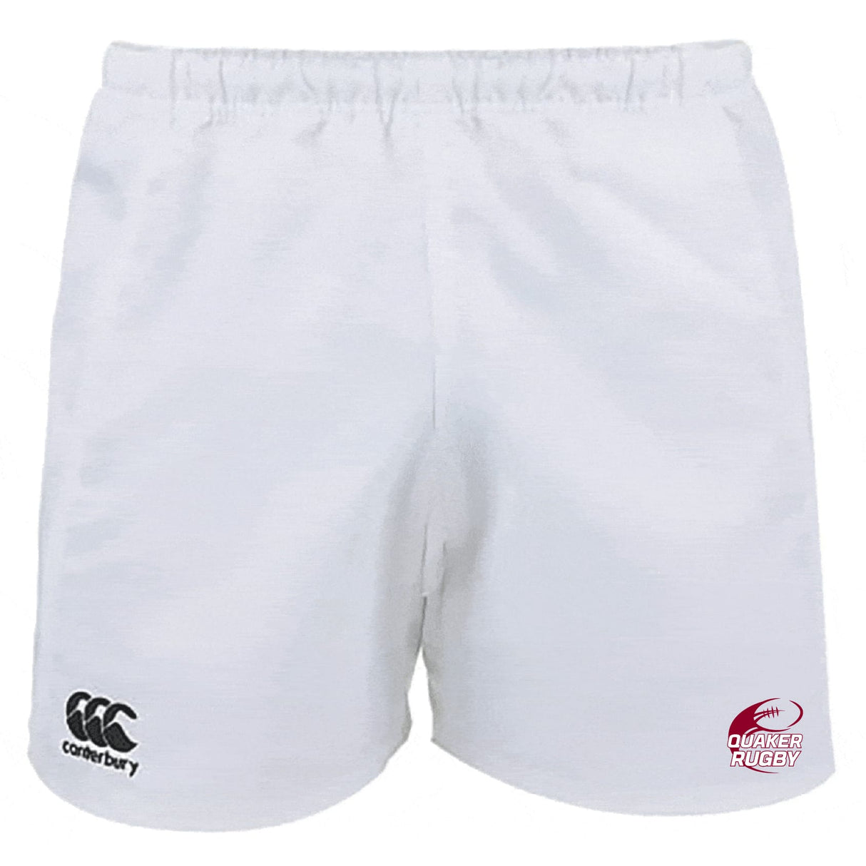 The Guilford College Professional Polyester Rugby Short by EMB Canterbury features the Canterbury logo on the left leg and a Quaker Rugby logo on the right, displayed against a plain background.