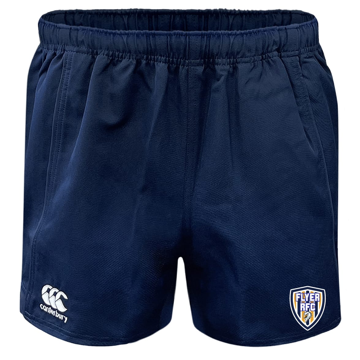 Franklin County High School Rugby Advantage Rugby Shorts by EMB Canterbury feature an elastic waistband, moisture-wicking fabric, Canterbury logo on the left leg, and Flyer RFC club badge on the right.