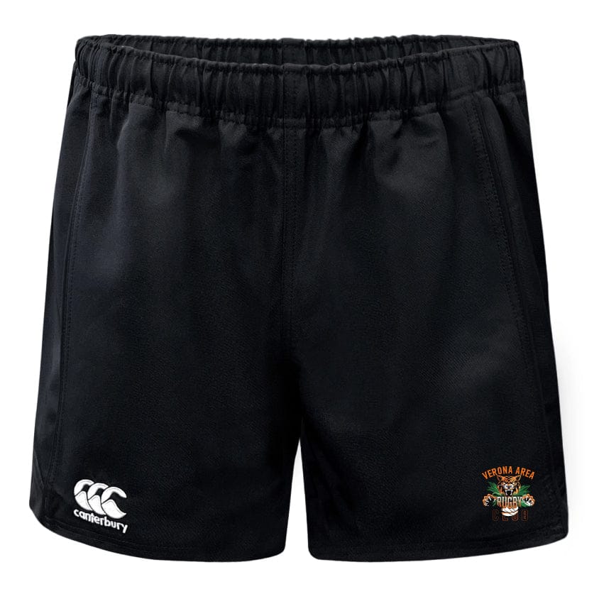 The Verona Area Rugby Advantage Rugby Shorts by EMB Canterbury feature an elastic waistband with the Canterbury logo on the left, Verona Area logo on the right, and offer superior moisture management for comfort and dryness.