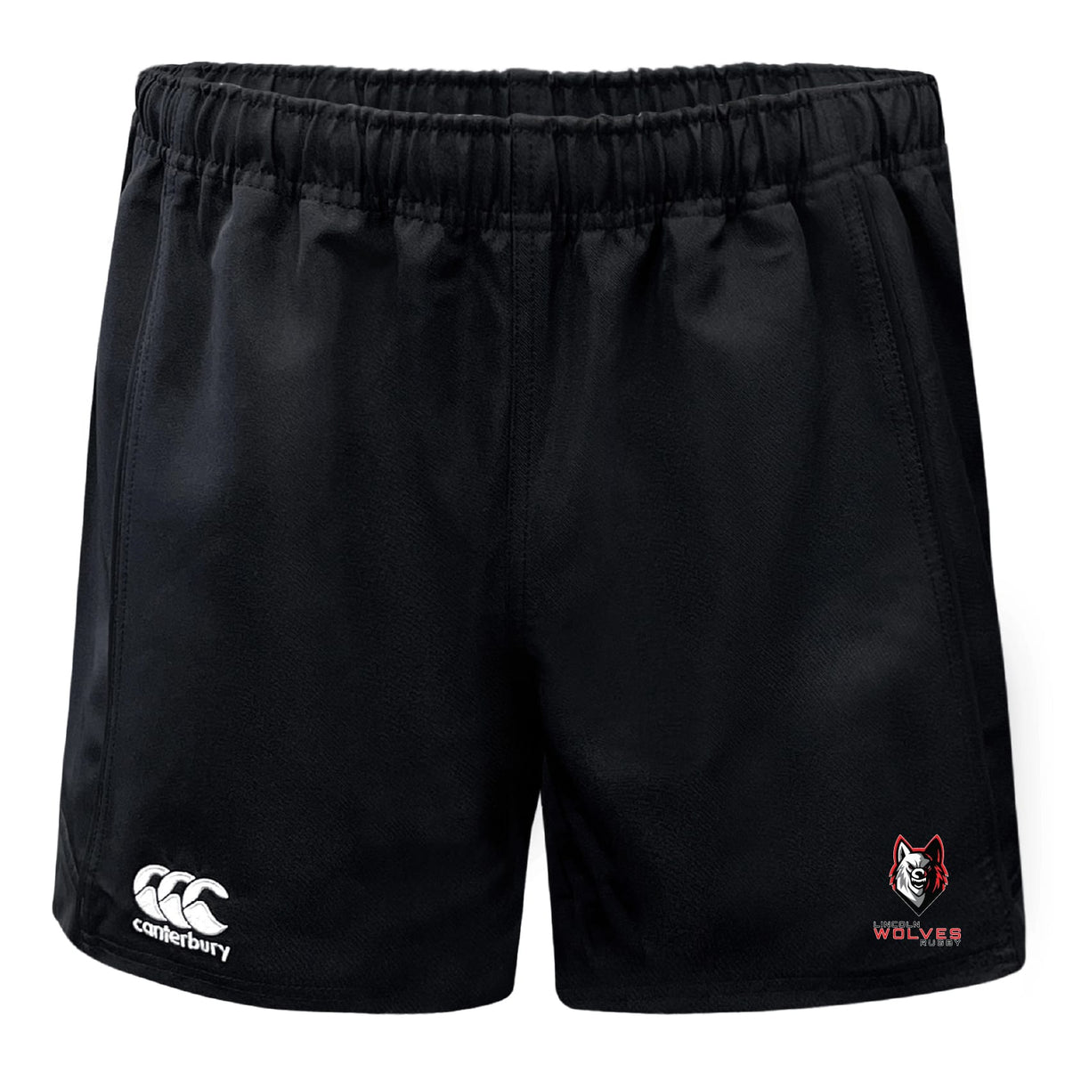 The Lincoln Wolves Advantage Rugby Shorts by EMB Canterbury are black, moisture-wicking rugby shorts with an elastic waistband, a Canterbury logo on the left leg, and a "WOLVES" wolf head emblem on the right.