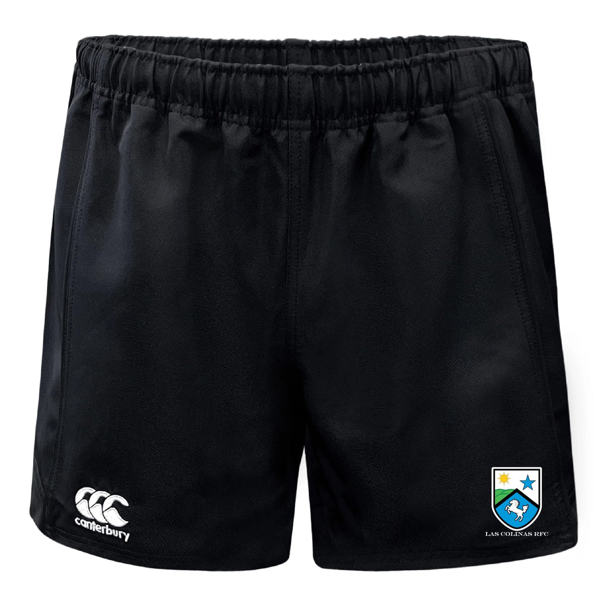 The Las Colinas Rugby Advantage Rugby Shorts by EMB Canterbury feature an elastic waistband, a white Canterbury logo on the left leg, and a colored crest on the right, offering comfort and style for every athlete.